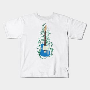 Blue T-Style Electric Guitar Flowering Vines Kids T-Shirt